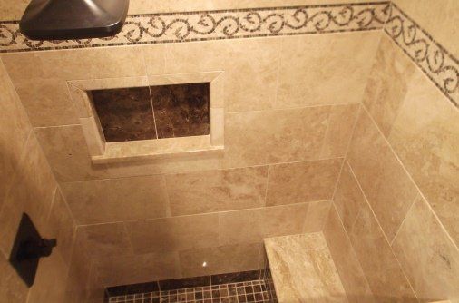 bathroom remodeling tile shower bench, caddy and floor